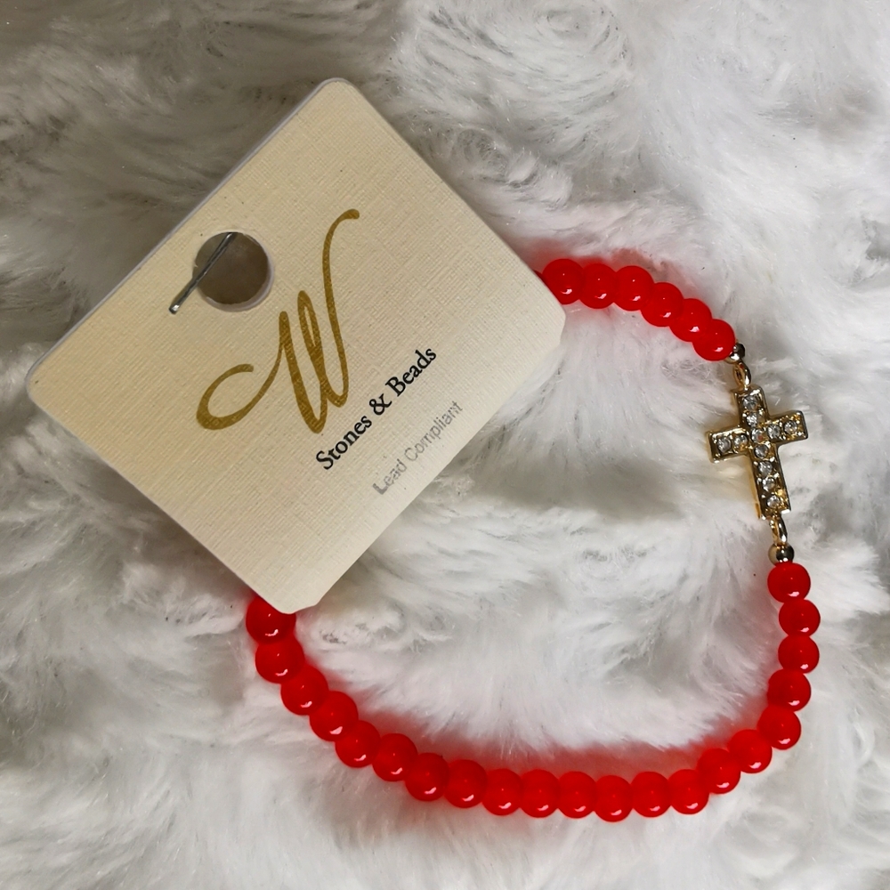 Rhinestones cross w/bright red elastic bracelet